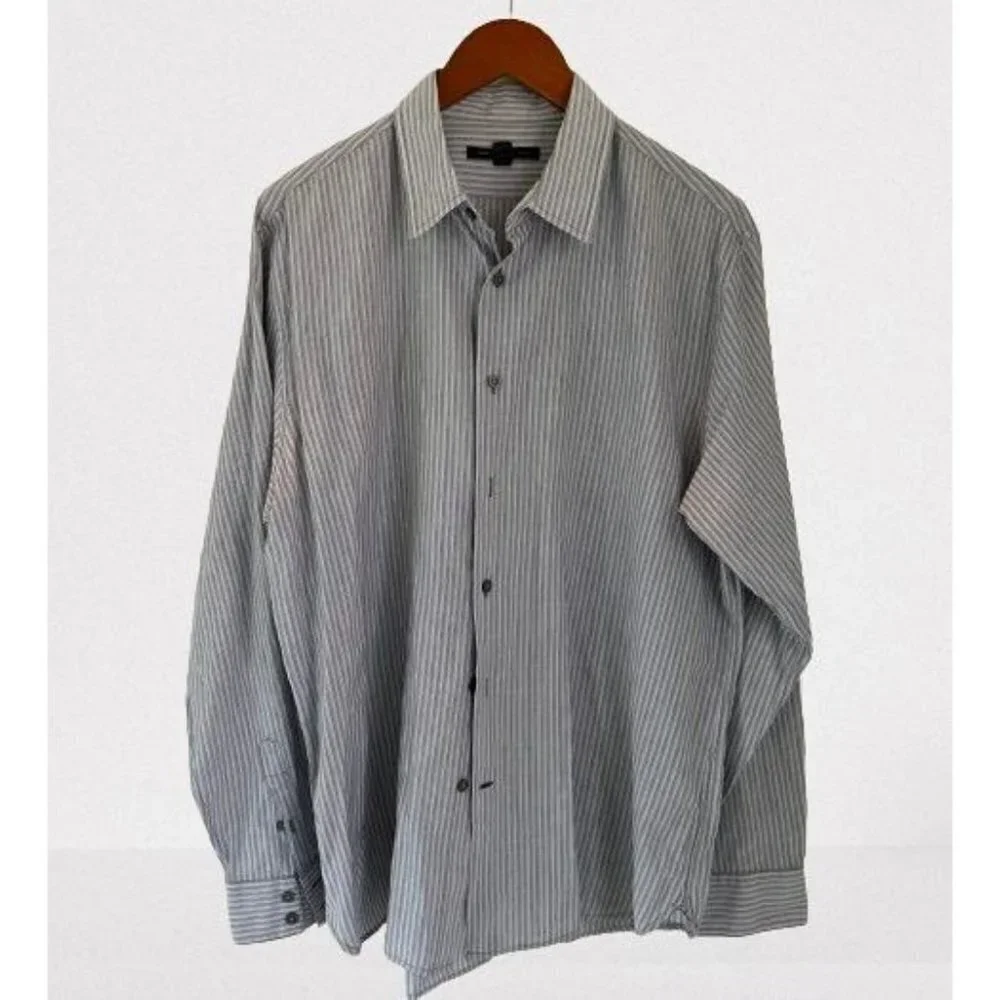 John Varvatos Shirt Button-Down Cotton Gray Lavender Stripes Long Sleeve Size La